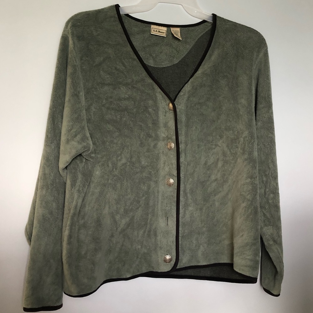 LL Bean Fuzzy Green Button-Up Sweater